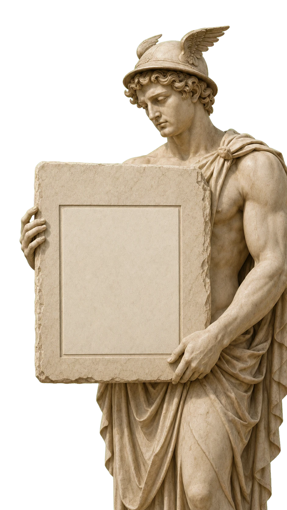 A marble statue holding the Roman Reads app QR code