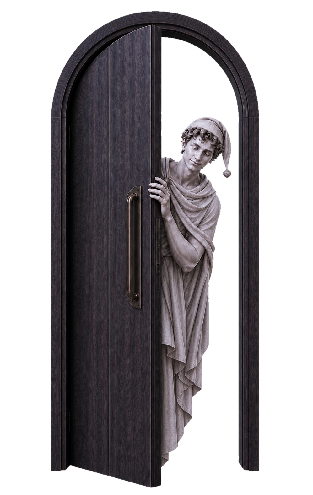 A peacefully sleepy sculptural figure in a nightcap peeking from behind a dark walnut door