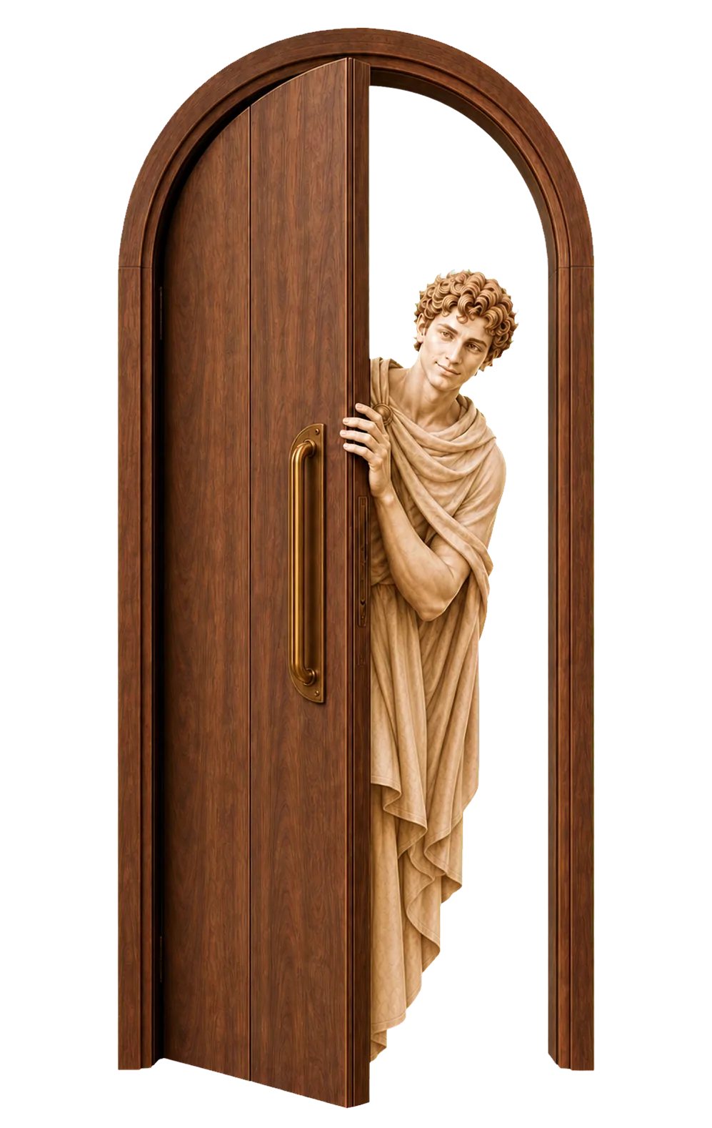 A youthful sculptural figure peeking from behind an arched walnut door