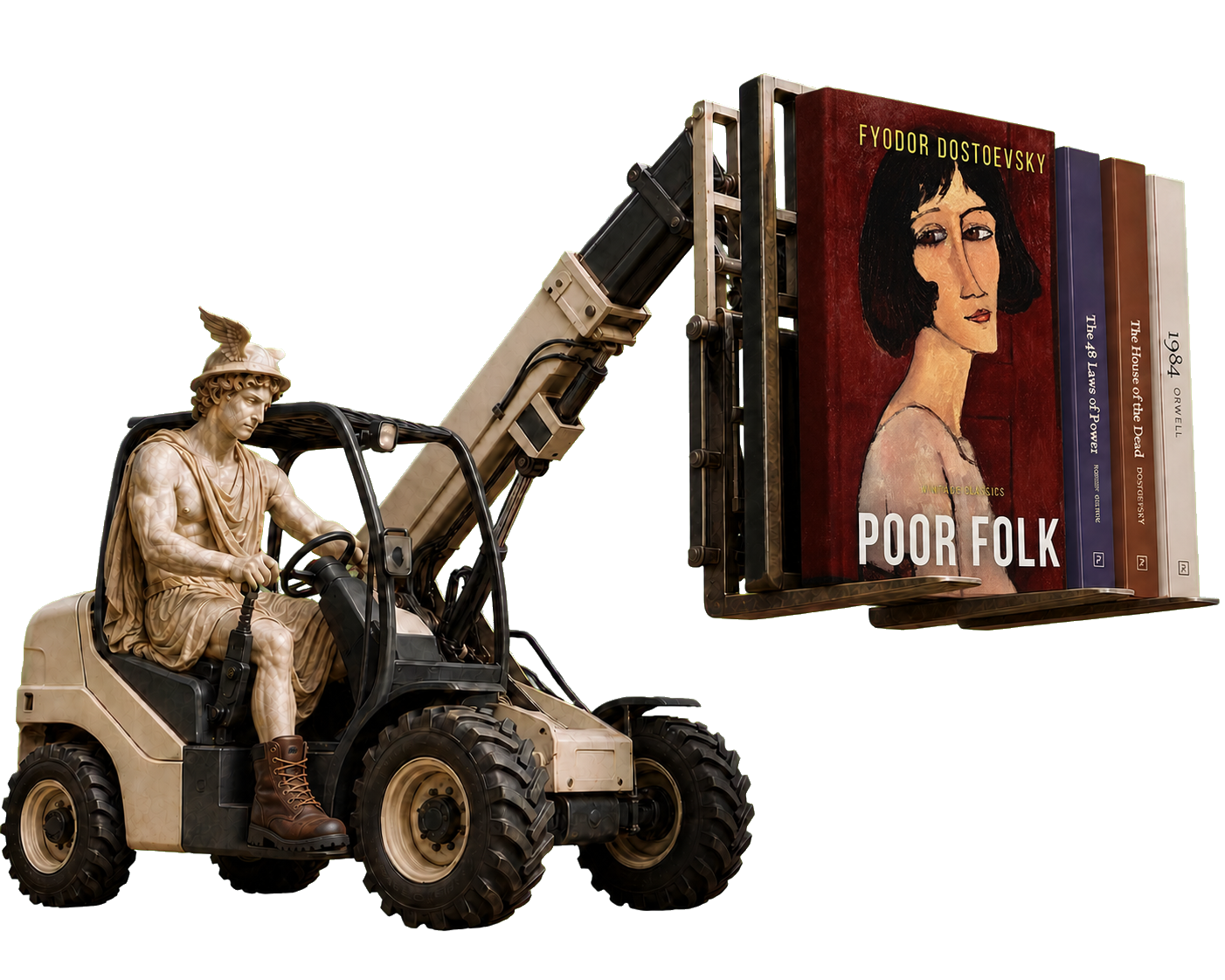 A classical figure in construction boots operating a modern telehandler loaded with Poor Folk, The 48 Laws of Power, The House of the Dead and 1984
